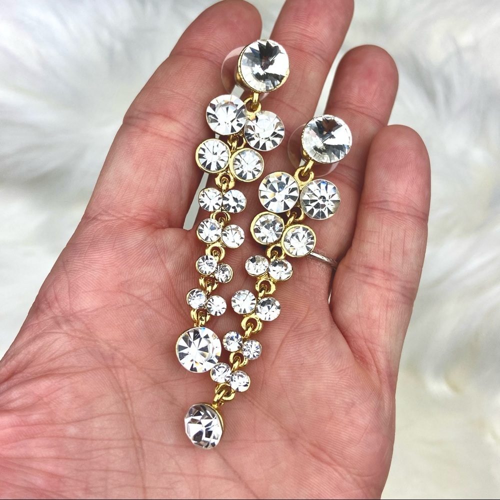 INCREDIBLE Extra Long Clear Rhinestone Rivoli Drop Earrings Formal Bridal Prom - Picture 6 of 6